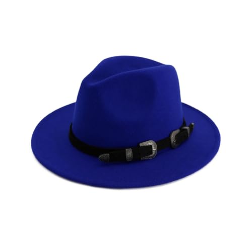 Mnjyihy Unisex Herren Damen Wollfilz Jazz Fedora Hut Mit Gürtelschnalle Dekoration Floppy Cloche Breiter Krempe Panamahut Royalblue 56to58cm von Mnjyihy