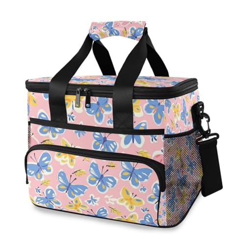 Butterflies Blue Butterfly Pink Cooler Bag Large Insulated Lunch Bags Picnic Cool Bag 15L 24 Cans Waterproof Thermal Bag for Adult Men Women von Mnsruu