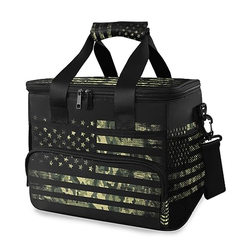 Camouflage Amerika Vintage Flagge Holz Kühltasche Thermo Isolierte Picknicktasche Groß Auslaufsicher Kühltasche Lunchbox für Erwachsene Männer Frauen von Mnsruu