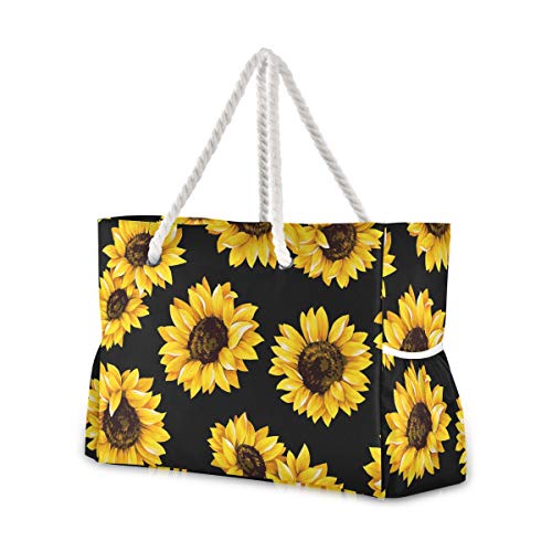 MNSRUU Extra große Damen-Strandtasche Organizer Tasche für Urlaub, Picknick, Sonnenblumen, Schwarz MNSRUU Extra große Damen-Strandtasche Organizer Tasche für Urlaub, Picknick, Sonnenblumen, Schwarz von Mnsruu