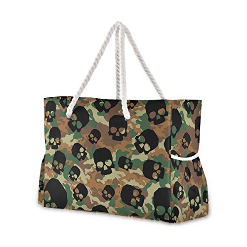 Mnsruu Extra große Strandtasche für Damen, Organizer, Tasche für Urlaub, Picknick, Camouflage, Totenkopf, Schultertasche, Reisetasche, Turnbeutel von Mnsruu