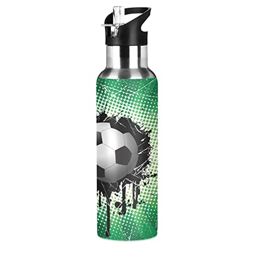 Mnsruu Kunst Fußball Fußball Trinkflasche Wasserflasche mit Strohhalm für Sport, 600ML Thermosflasche BPA-frei Isolierflasche Edelstahl 18/8 für Kinder Wandern Schule von Mnsruu