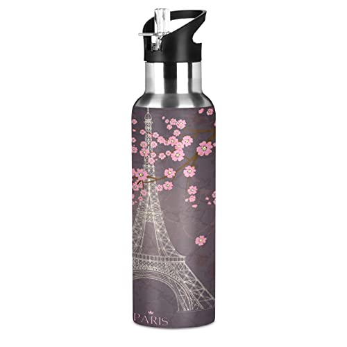 Mnsruu Kunst Süß Paris Eiffelturm Trinkflasche Wasserflasche mit Strohhalm für Sport, 600ML Thermosflasche BPA-frei Isolierflasche Edelstahl 18/8 für Kinder Wandern Schule von Mnsruu