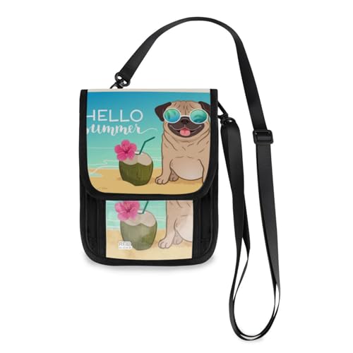 Mnsruu Mops Hund trägt reflektierende Sonnenbrille Reisebrieftasche Reisepass Halter Kreditkarte Gadget Halter Tasche Unisex Crossbody Geldbörse Reise Hals Geldbörse mit verstellbarem Riemen, #01, von Mnsruu