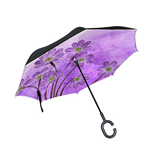 Mnsruu Regenschirm, mit violetten Blumen, doppelschichtig, C-förmiger Griff, umgekehrter Regenschirm, winddichter UV-Schutz und selbststehender Regenschirm von Mnsruu