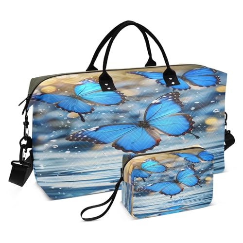 Reisetasche, Motiv: blaue Schmetterlinge, mit Kulturbeutel und verstellbarem Gurt, für Reisen, Fitnessstudio, Yoga, Wochenende, mehrfarbig, Einheitsgröße, Kulturbeutel von Mnsruu