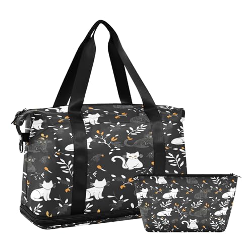 Reisetasche mit Katze, wasserdicht, für Fitnessstudio, Sport, Handgepäck, Wochenendtasche, mit Fach, Schwarz / Weiß, Black White Cat, Einheitsgröße, Reisetasche von Mnsruu