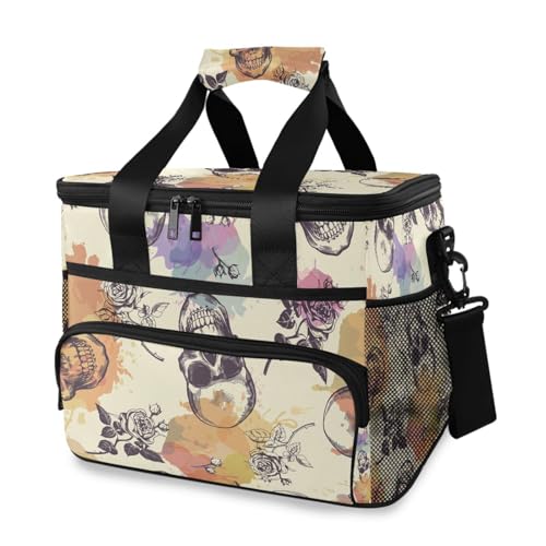 Skulls and Rose Flowers Kühltasche Thermo Isolierte Picknicktasche Groß Auslaufsicher Kühltasche Lunchbox für Erwachsene Männer Frauen von Mnsruu