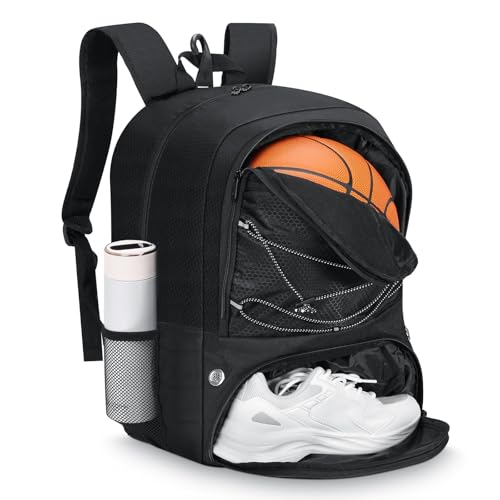 MoKo Basketball Tasche Rucksack, Fußballrucksack für Männer & Frauen mit getrennten Ball- und Schuhfächern, wasserdicht, Zaunhaken, Sporttasche für Kleidung, Schuhe, Tablets, Laptops, Schwarz von MoKo