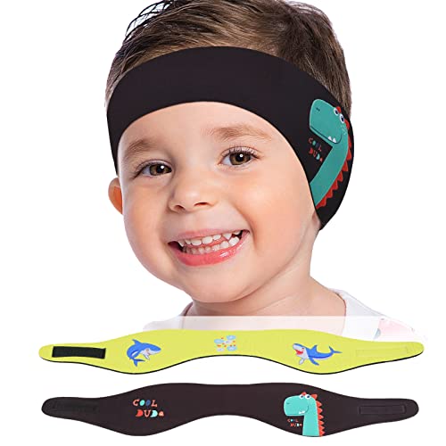 MoKo Schwimmen Stirnband, 2 Pack Neopren Schwimmband Ohrenband Wasserdichtes Kopfband Haarband mit Hohe Elastizität Ohrenschutz Band für Kinder Alter 3-9, M Größe - Schwarz Dinosaurier&Gelb Hai von MoKo