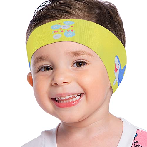 MoKo Schwimmen Stirnband, Neopren Schwimmband Ohrenband Wasserdichtes Kopfband Haarband mit Hohe Elastizität Ohrenschutz Band für Kinder Alter 1-2, S Größe - Gelb&Hai von MoKo