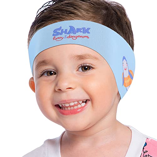 MoKo Schwimmen Stirnband, Neopren Schwimmband Ohrenband Wasserdichtes Kopfband Haarband mit Hohe Elastizität Ohrenschutz Band für Kinder Alter 3-9, M Größe - Blau&Hai von MoKo