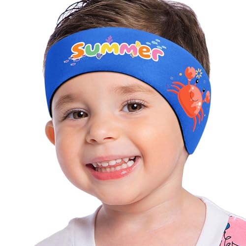 MoKo Schwimmen Stirnband, Neopren Schwimmband Ohrenband Wasserdichtes Kopfband Haarband mit Hohe Elastizität und Klettverschluss Ohrenschutz Band für Kinder Alter 3-9, M, Dunkel Blau-Orange Krabbe von MoKo