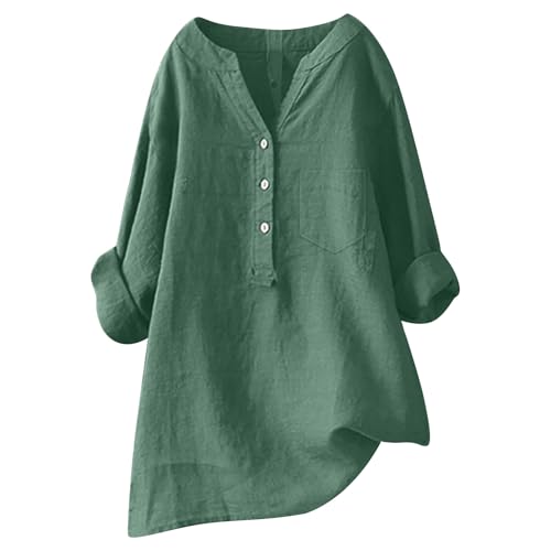 Ausgefallene Tunika, Leinen Bluse Damen Oversize Hemd Musselin Langarm Longbluse Mit Knöpfen V-Ausschnitt Tunika Sommer Shirt Elegant Lässig Oberteile Top Grün XXL von Mobanna