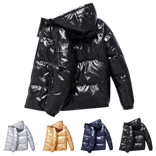 B Ware, Puffer Jacke Herren Glänzend Schwarz Kurz Daunenjacke - Shiny Daunen Jacke Winter Schnee Unten Jacken mit Kapuze Reißverschluss Metall Glänzende Steppjacke Outdoor XXL von Mobanna