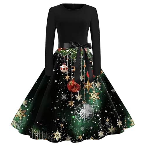 B Ware, Rockabilly Kleider Damen A Linie 3D Druken Weihnachtskleid - Cocktailkleid Lang Weihnachtskleider Herbst Weihnachts Kleidung Rundhals Partykleid Vintage Kleid von Mobanna