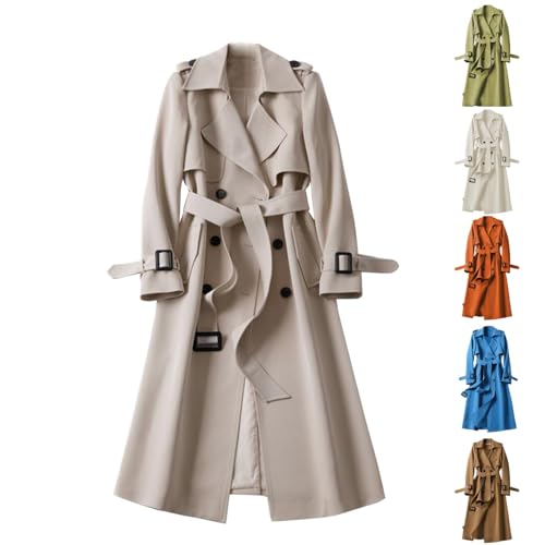 B Ware Retouren, Wintermantel Damen Elegant mit Gürtel Trenchcoat - A-Linie Langmantel Revers Zweireihig Cardigan Knielang Große Größen Windbreaker Elegant Vintage Übergangsmantel von Mobanna