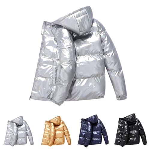 Black Friday Angebote 2024, Puffer Jacke Herren Glänzend Schwarz Kurz Daunenjacke - Shiny Daunen Jacke Winter Schnee Unten Jacken mit Kapuze Reißverschluss Metall Glänzende Steppjacke Outdoor L von Mobanna