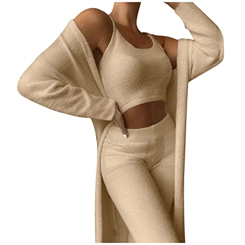 Blitzangebote, Schlafanzüge für Damen Winter Flanell Pyjama 3 Set - Fleece Thermo Hausanzug mit Plüsch Hose Crop Tops Lang Strickjacke Sexy Loungewear 3-Teilig Homewear Frauen von Mobanna