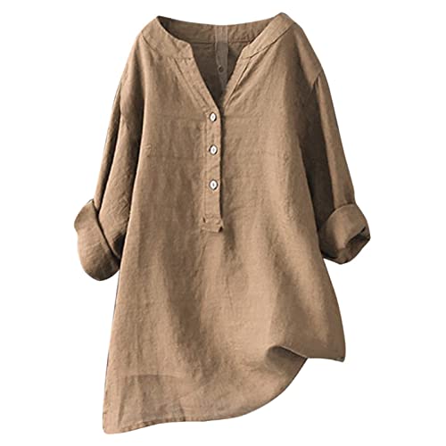 Damen Leinenbluse, Leinenhemd Damen Lang Oversize Musselin Bluse Langarm Longbluse Mit Knöpfen Elegant Hemd V-Ausschnitt Shirt Sommer Lässig Tunika Oberteile Top Khaki L von Mobanna