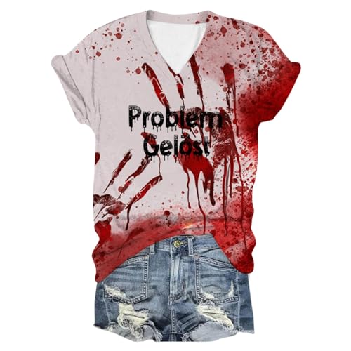 Damen Problem Gelöst Shirt Halloween Kostüm Kurzarm V-Ausschnitt Blut Verletzung T-Shirt Blutspritzer Muster Blood Oberteile Halloween-Kostüm Leicht T-Shirt Tops von Mobanna