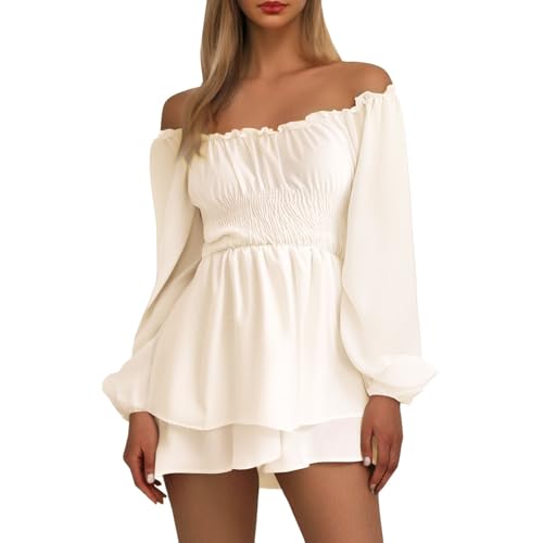 Faschingskostüme Damen Pirat, Piratenkleid Damen Weiß Off Shoulder Kleid Sommer Swing Rüschenkleid Langarm Karneval Piraten Kostüm Sexy Fasching Piratenkostüm Beige L von Mobanna