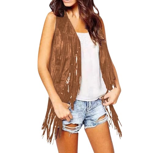 Fransen Weste Hippie, Fransenweste Damen Karneval Kostüm Hippie Weste Fransen Braun Mit 70er Ärmellose Faux Wildleder Cowboy Mantel Hippieweste Boho Festival Bolero Faschingskostüme von Mobanna