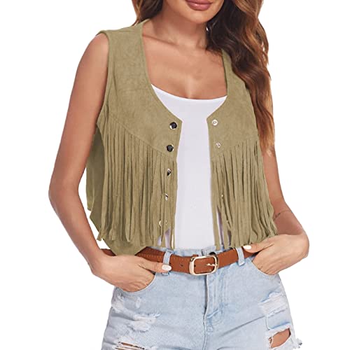 Fransenweste Damen Schwarz, Fransenweste Damen Karneval Kostüm Hippie Weste Fransenjacke Cowboy Mit Fransen Kurz Sommer Dünne Fringe Jacke Westen Faux Wildleder Vintage Lange Quasten Gilet von Mobanna