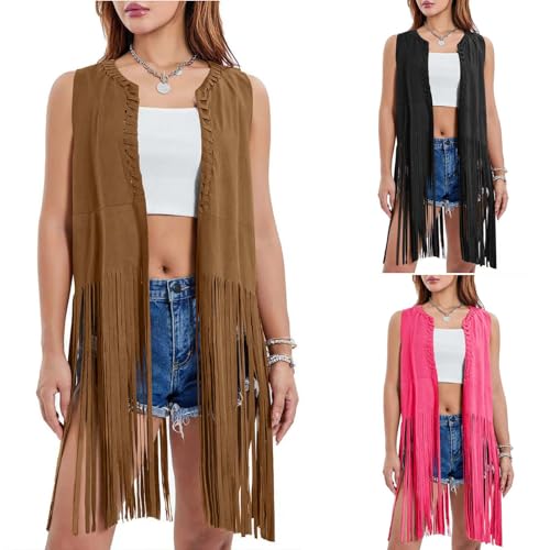 Fransenweste Hippie, Fransenweste Damen Weste Mit Fransen Hippie Western Cowboy Karneval Kostüm Ärmellos Kleidung 60er 70er Jahre Braun Fransenjacken Boho Westernjacke Winter Mantel von Mobanna