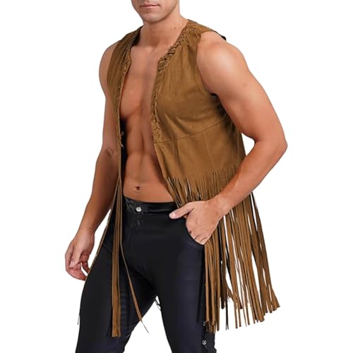 Fransenweste Hippie Damen, Hippie Weste Herren Mit Fransen Fransenweste Wildleder Karneval Kostüm Ärmellos Kleidung 60er 70er Jahre Braun Fransenjacken Disco Outfit Bolero Faschingskostüme von Mobanna