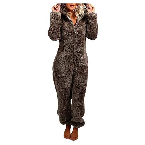 Ganzkörper Kuschelanzug, Fleece Hausanzug Damen Schlafanzug Damen Lang Fleece Jumpsuit Thermo Jogginganzug Flanell Flauschig Hausanzug Warm Pyjama Set Freizeitanzug Pjs Nachtwäsche von Mobanna