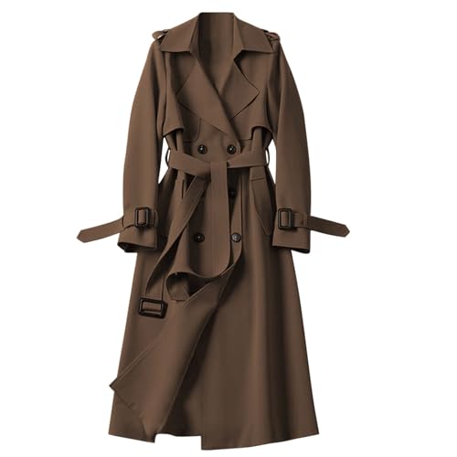 Herbstmantel Damen Lang, Wintermantel Damen Elegant mit Gürtel Trenchcoat - A-Linie Langmantel Revers Zweireihig Cardigan Knielang Große Größen Windbreaker Elegant Vintage Übergangsmantel von Mobanna