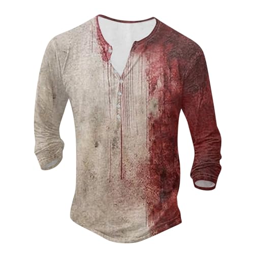 Herren Problem Gelöst Shirt Halloween T-Shirt Casual Henry-Kragen Blutspritzer Muster Oberteile Hemd Entsetzen Blutig Bedruckt Slim Fit Henley-Shirt Kühl Langarm Top Übergröße Sweatshirt von Mobanna