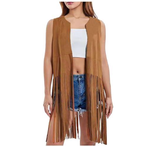 Hippie Weste Damen, Fransenweste Damen Weste Mit Fransen Hippie Western Cowboy Karneval Kostüm Ärmellos Kleidung 60er 70er Jahre Braun Fransenjacken Boho Westernjacke Winter Mantel von Mobanna