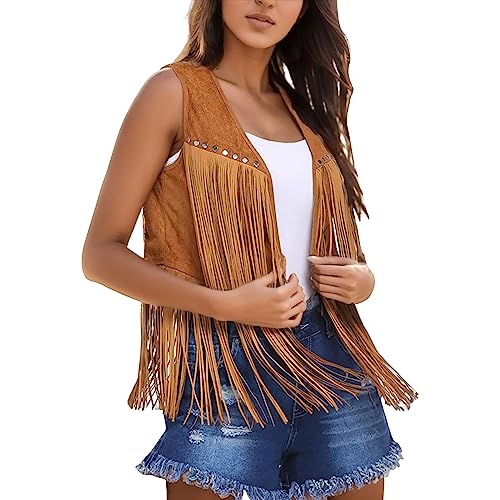 Hippie Weste Lang, Fransenweste Damen Weste Mit Fransen Hippie Indianer Karneval Kostüm Boho Häkeln Offene Hohl Spitze Drapiert Mantel Hippieweste Festival Bolero Faschingskostüme von Mobanna