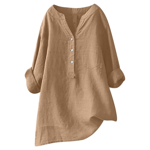 Italienische Blusen Leinen, Leinen Bluse Damen Oversize Hemd Musselin Langarm Longbluse Mit Knöpfen V-Ausschnitt Tunika Sommer Shirt Elegant Lässig Oberteile Top Khaki L von Mobanna