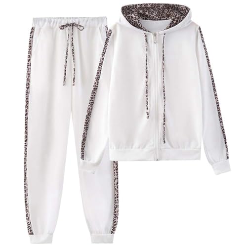 Jogging Anzug Damen Set, Jogginganzug Damen Set Baumwolle Traingsanzug Leopard Tracksuit Kapuzenjacke Zipper Hoodie Langarm Top + Hose Sportanzug 2-Teilig Freizeitanzug Hausanzug Weiss von Mobanna