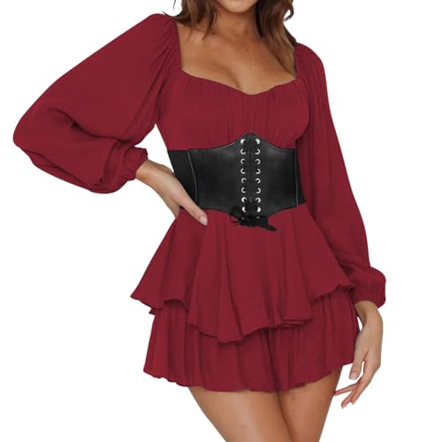 Karneval Kostüm Damen Pirat, Karneval Kostüm Damen Piratin mit Korsett Weißes Rüschenkleid - Piratenkostüm mit Puffärmeln Kurz Mittelalter Kleidung Sexy Overall Viktorianisches Halloween Kleid Wein von Mobanna