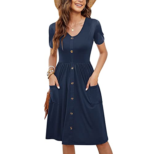 Kleider Damen Sommer Kurz - Rüschen Ärmel Sommerkleid Damen Knielang, V-Ausschnitt Boho Kleid Swing Elastische Taille Midikleid Italienische Frühlingskleid Plisseekleid mit Taschen Marineblau L von Mobanna