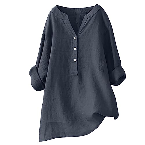 Lange Blusen Damen Sommer, Leinenhemd Damen Lang Oversize Musselin Bluse Langarm Longbluse Mit Knöpfen Elegant Hemd V-Ausschnitt Shirt Sommer Lässig Tunika Oberteile Top Dunkelgrau L von Mobanna