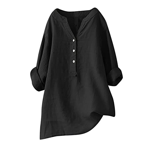 Leinenbluse Damen Oversize, Leinenhemd Damen Lang Oversize Musselin Bluse Langarm Longbluse Mit Knöpfen Elegant Hemd V-Ausschnitt Shirt Sommer Lässig Tunika Oberteile Top Schwarz 3XL von Mobanna