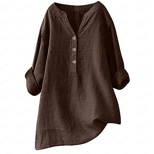 Leinenhemd Damen Lang, Leinen Tunika Damen Lang Oversize Hemd Musselin Bluse Langarm Longbluse Mit Knöpfen Elegant V-Ausschnitt Shirt Sommer Lässig Oberteile Top Coffee XXL von Mobanna