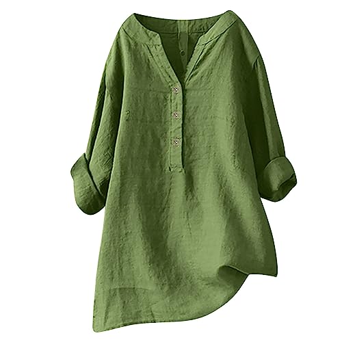 Leinenhemd Damen Lang, Leinen Tunika Damen Lang Oversize Hemd Musselin Bluse Langarm Longbluse Mit Knöpfen Elegant V-Ausschnitt Shirt Sommer Lässig Oberteile Top Grün S von Mobanna