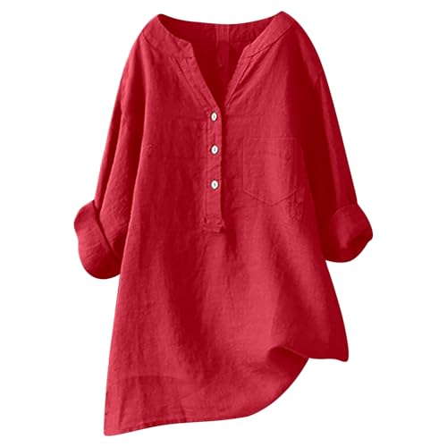 Leinenhemd Für Damen, Leinen Bluse Damen Oversize Hemd Musselin Langarm Longbluse Mit Knöpfen V-Ausschnitt Tunika Sommer Shirt Elegant Lässig Oberteile Top Rot S von Mobanna