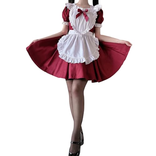 Maid Costume, Maid Kostüm Damen Hausmädchen Outfit Men - Zimmermädchen Halloween Sexy Dienstmädchen Kostüme Frauen French Dress Set Mit Schürze Kopfbedeckung Für Costume Rot von Mobanna