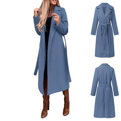 Mantel Wolle Damen, Wintermantel Damen Elegant mit Gürtel Lang Wollmantel - Knielang Trenchcoat Revers A-Linie Mantel Übergangsmantel Vintage Herbstmantel für Den Übergang Blau von Mobanna