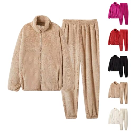 Nikki Hausanzug Damen Kuschelig Flanell Schlafanzug - Sherpa Kuschelanzug Flauschig Pyjamas Aesthetic Plüsch PjS Freizeitanzug Winter Thermo Homeware Set Hose und Jacke mit Reißverschluss von Mobanna