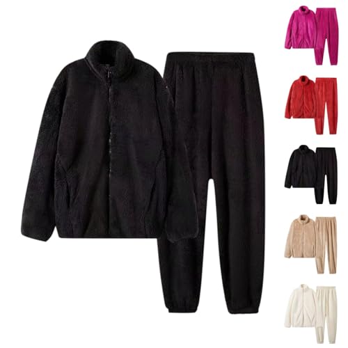 Nikki Hausanzug Damen Kuschelig Flanell Schlafanzug - Sherpa Kuschelanzug Flauschig Pyjamas Aesthetic Plüsch PjS Freizeitanzug Winter Thermo Homeware Set Hose und Jacke mit Reißverschluss von Mobanna