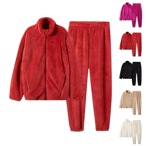 Nikki Hausanzug Damen Kuschelig Flanell Schlafanzug - Sherpa Kuschelanzug Flauschig Pyjamas Aesthetic Plüsch PjS Freizeitanzug Winter Thermo Homeware Set Hose und Jacke mit Reißverschluss von Mobanna