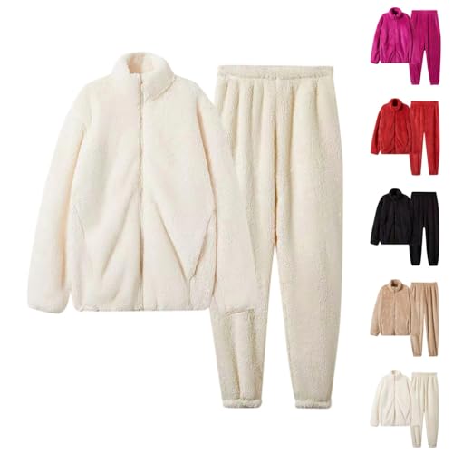 Nikki Hausanzug Damen Kuschelig Flanell Schlafanzug - Sherpa Kuschelanzug Flauschig Pyjamas Aesthetic Plüsch PjS Freizeitanzug Winter Thermo Homeware Set Hose und Jacke mit Reißverschluss von Mobanna